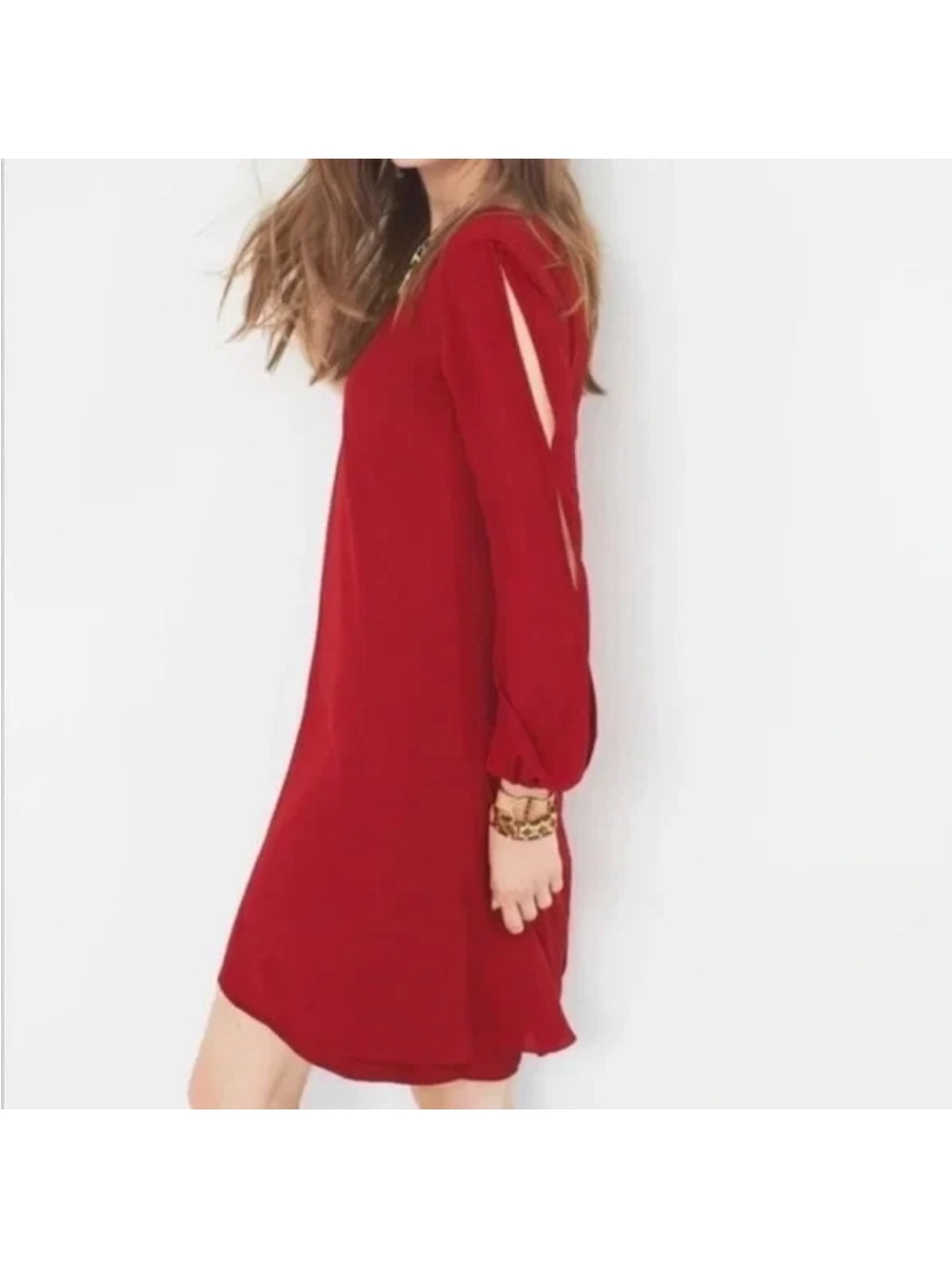 White House Black Market Red V-Neck Long Sleeve Shift Dress